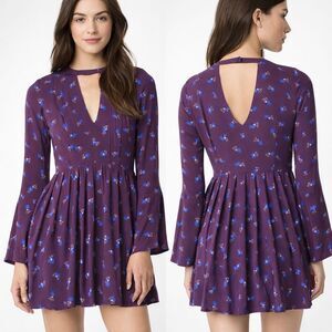 Free People Purple Floral Mini Dress Rayon Pleated Keyhole Long Sleeve Size 8